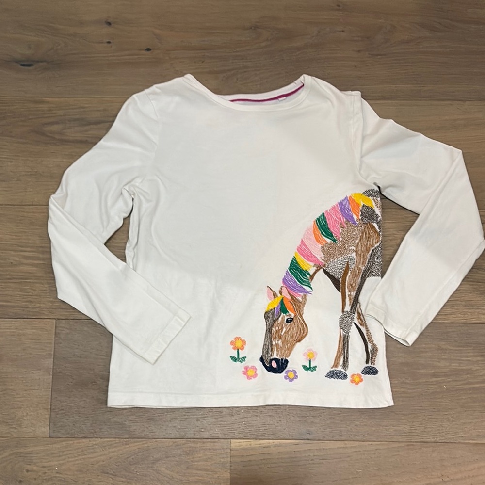 Mini Boden White Long Sleeve Tee with Colorful Horse Graphic